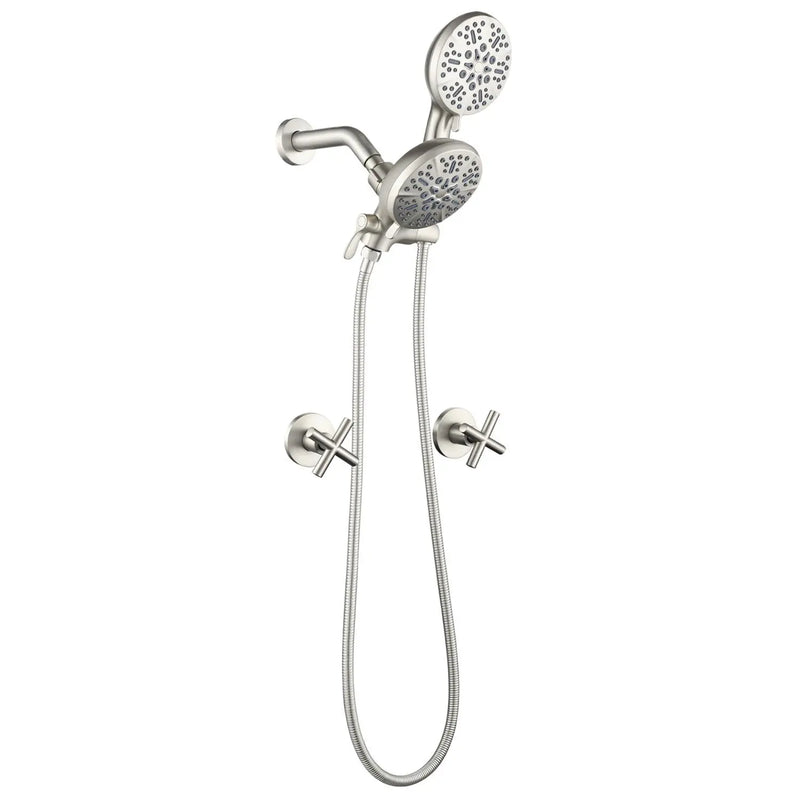 Wall Mount 4.7 Inch Rainfall Dual Shower Head System with 7-Mode Handheld Shower and 2-Cross Handle wall-mount-4-7-inch-rainfall-dual-shower-head-system-with-7-mode-handheld-shower-and-2-cross-handle Brushed Nickel / Brass & SUS304 & ABS / 17.3*10.1*5.4 inches