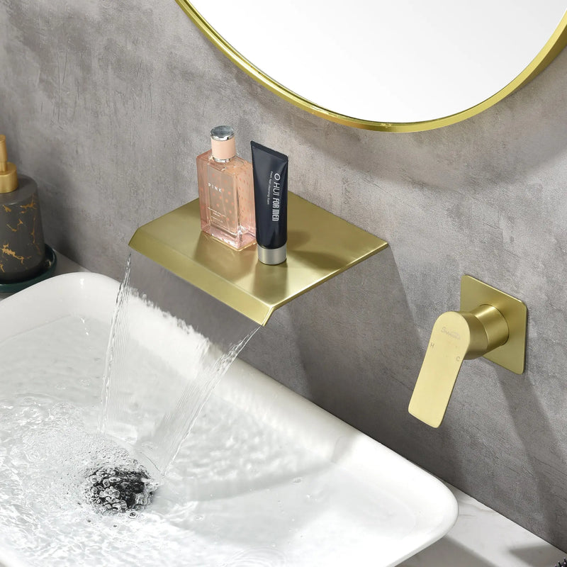 Wall Mount Bathtub Faucet, Waterfall Roman Tub Filler Faucet Single Handle Bathroom Faucet wall-mount-bathtub-faucet-waterfall-roman-tub-filler-faucet-single-handle-bathroom-sink-faucet-with-rough-in-valve-and-trim-kit Brushed Gold / Brass / 11.6 x 9.2 x 3.7 inches