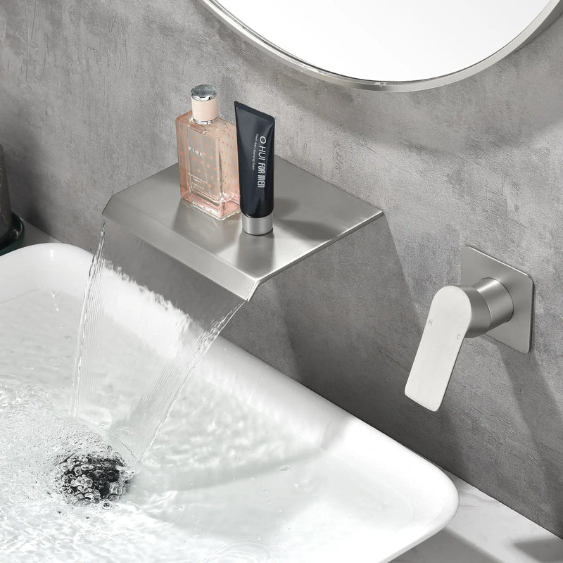 Wall Mount Bathtub Faucet, Waterfall Roman Tub Filler Faucet Single Handle Bathroom Faucet wall-mount-bathtub-faucet-waterfall-roman-tub-filler-faucet-single-handle-bathroom-sink-faucet-with-rough-in-valve-and-trim-kit Brushed Nickel / Brass / 11.6 x 9.2 x 3.7 inches