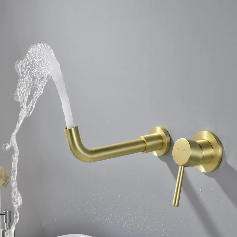 Wall Mount Lavatory Faucet Single Handle Brass Bathroom Sink Faucet 1.2 GPM in Matte Black, brushed gold single-handle-brass-wall-mount-lavatory-faucet-1-2-gpm-in-matte-black 