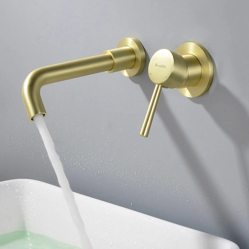 Wall Mount Lavatory Faucet Single Handle Brass Bathroom Sink Faucet 1.2 GPM in Matte Black, brushed gold single-handle-brass-wall-mount-lavatory-faucet-1-2-gpm-in-matte-black 