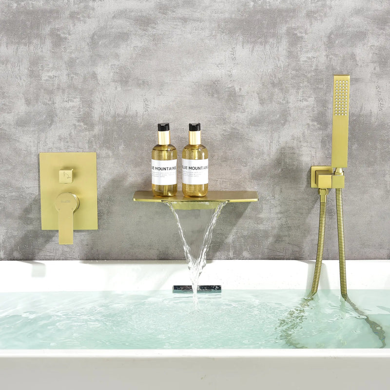 Wall Mount Tub Filler with Hand Shower, Single Handle Brass Tub Shower Faucet Set shamanda-wall-mount-tub-filler Gold / Brass / ‎17.32 x 10.24 x 5.39 inches