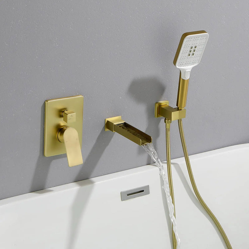 Wall Mount Waterfall Bathtub Faucet with 3 Modes Hand Sprayer Tub Filler Faucet with Rough-in Valve Trim Kit wall-mount-waterfall-bathtub-faucets-with-sprayer-tub-filler-faucet-tub-shower-faucet-set-with-rough-in-valve-trim-kit Brushed Gold / Brass & SUS304 & ABS