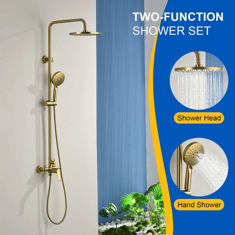Wall Mounted 2-Function Exposed Shower Faucet with Slide Bar, 10Inch ABS Round Shower Head, 3-Setting Handheld Shower wall-mounted-2-function-exposed-shower-faucet-with-slide-bar-10inch-abs-round-shower-head-3-setting-handheld-shower Brushed Gold / Brass & SUS304 & ABS / 37*16.9*6.3inches
