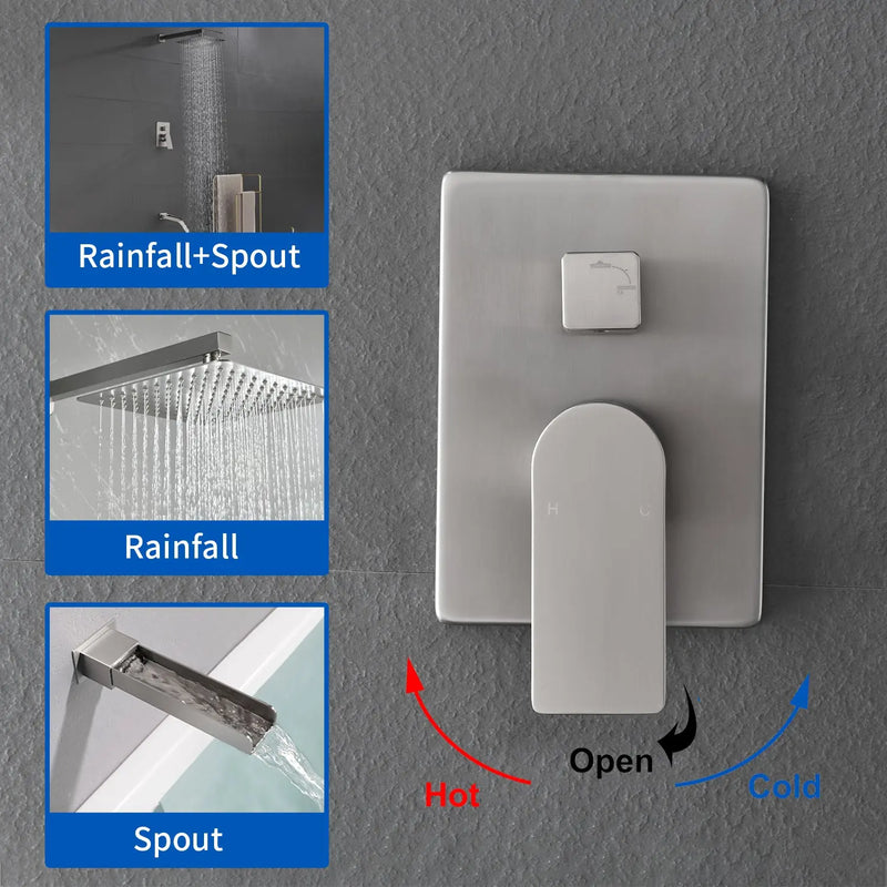 Wall Mounted Rainfall Bathroom Shower System 10 Inch square Rain Shower Head with Waterfall Spout wall-mounted-rainfall-bathroom-shower-system-10-inch-square-rain-shower-head-with-waterfall-spout 
