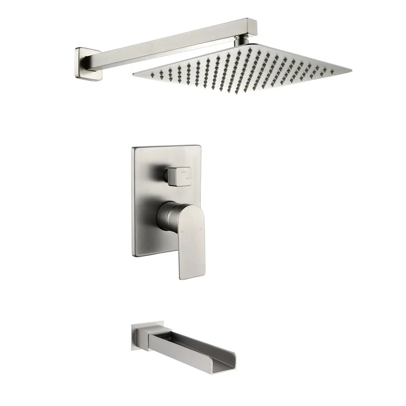Wall Mounted Rainfall Bathroom Shower System 10 Inch square Rain Shower Head with Waterfall Spout wall-mounted-rainfall-bathroom-shower-system-10-inch-square-rain-shower-head-with-waterfall-spout Brushed Nickel / Brass & SUS304 / 17.5*13.4*5.5 inches