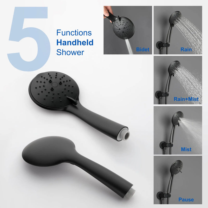 Wall Mounted Shower System Set with 9" Rain Shower head and 5-Setting High Pressure Handheld Shower shamanda-wall-mounted-shower-system-matte-black 