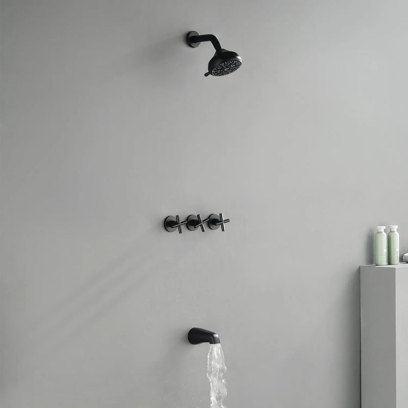 Wall Mounted Three Cross Handles Tub and Shower Faucet Trim with 10-Setting Shower Head wall-mounted-three-cross-handles-tub-and-shower-faucet-trim-with-10-setting-shower-head Matte Black / Brass & SUS304 & ABS / 17.3*10.1*5.4 inches