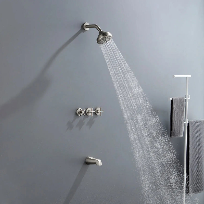Wall Mounted Three Cross Handles Tub and Shower Faucet Trim with 10-Setting Shower Head wall-mounted-three-cross-handles-tub-and-shower-faucet-trim-with-10-setting-shower-head Brushed Nickel / Brass & SUS304 & ABS / 17.3*10.1*5.4 inches