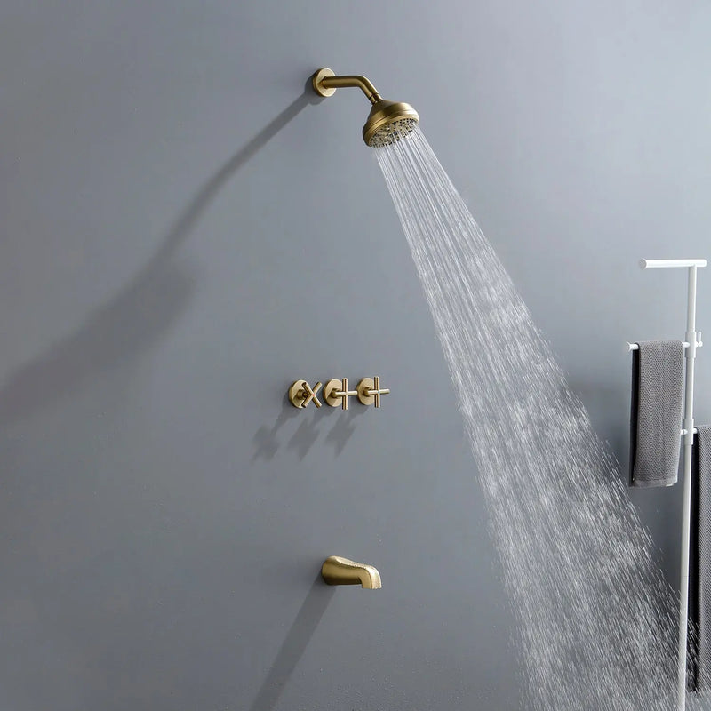 Wall Mounted Three Cross Handles Tub and Shower Faucet Trim with 10-Setting Shower Head wall-mounted-three-cross-handles-tub-and-shower-faucet-trim-with-10-setting-shower-head Brushed Gold / Brass & SUS304 & ABS / 17.3*10.1*5.4 inches