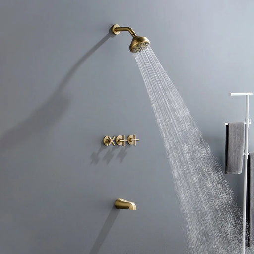 Wall Mounted Three Cross Handles Tub and Shower Faucet Trim with 10-Setting Shower Head wall-mounted-three-cross-handles-tub-and-shower-faucet-trim-with-10-setting-shower-head Brushed Gold / Brass & SUS304 & ABS / 17.3*10.1*5.4 inches