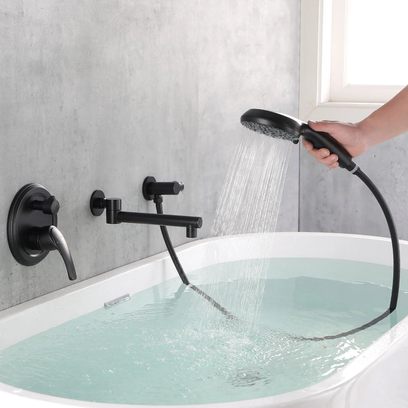 Wall Mounted bathtub faucet with 180 Degree Swivel Spout & 7 mode Handheld shower - Brushed Gold, Bruhsed Nickel, Matte Black modern-waterfall-spout-wall-mountedwith-handheld-shower 