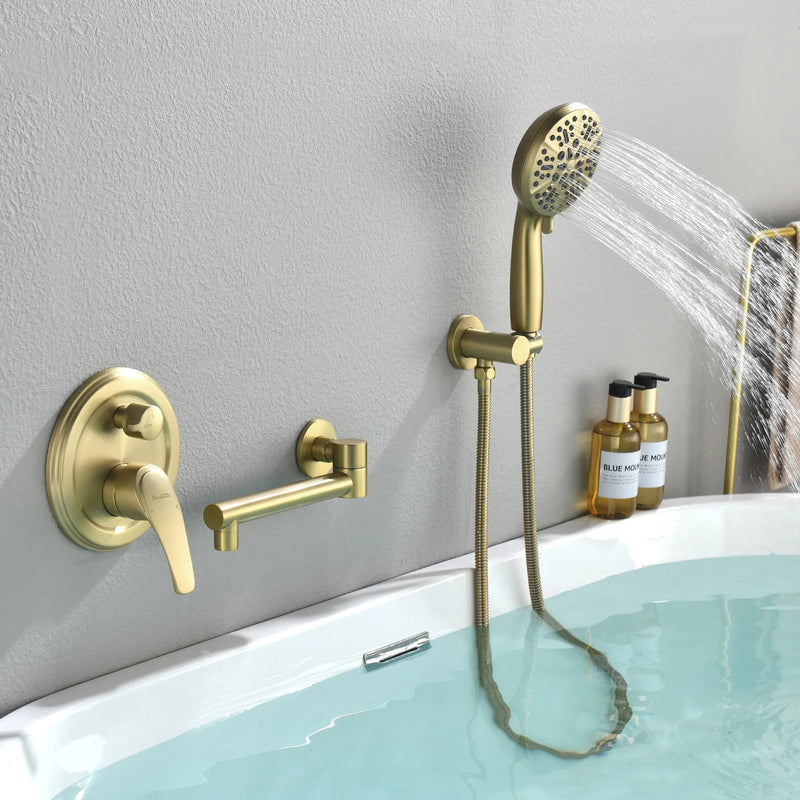 Wall Mounted bathtub faucet with 180 Degree Swivel Spout & 7 mode Handheld shower - Brushed Gold, Bruhsed Nickel, Matte Black modern-waterfall-spout-wall-mountedwith-handheld-shower 