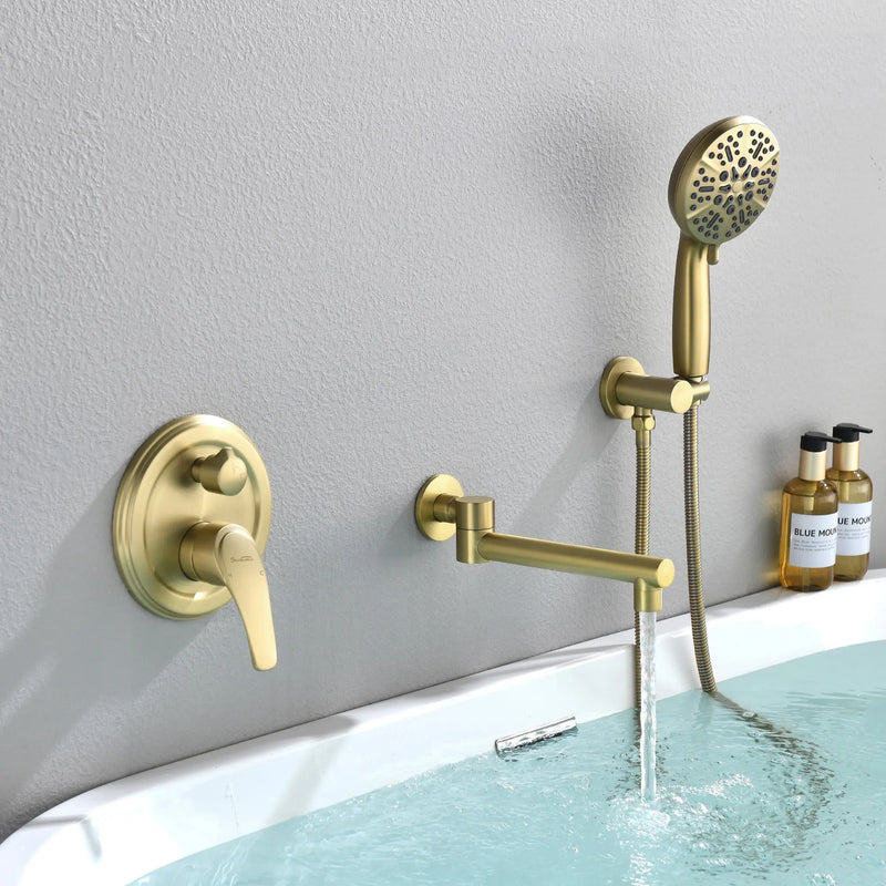 Wall Mounted bathtub faucet with 180 Degree Swivel Spout & 7 mode Handheld shower - Brushed Gold, Bruhsed Nickel, Matte Black modern-waterfall-spout-wall-mountedwith-handheld-shower Brushed Gold / Brass / 13.77 x 12.12x 5.19 inches