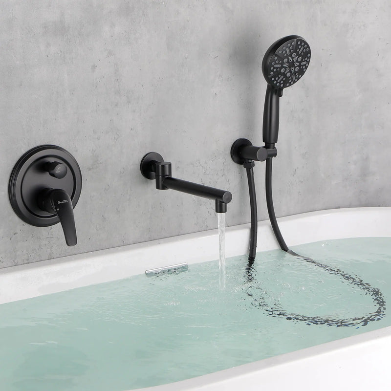 Wall Mounted bathtub faucet with 180 Degree Swivel Spout & 7 mode Handheld shower - Brushed Gold, Bruhsed Nickel, Matte Black modern-waterfall-spout-wall-mountedwith-handheld-shower Matt Black / Brass / 13.77 x 12.12x 5.19 inches
