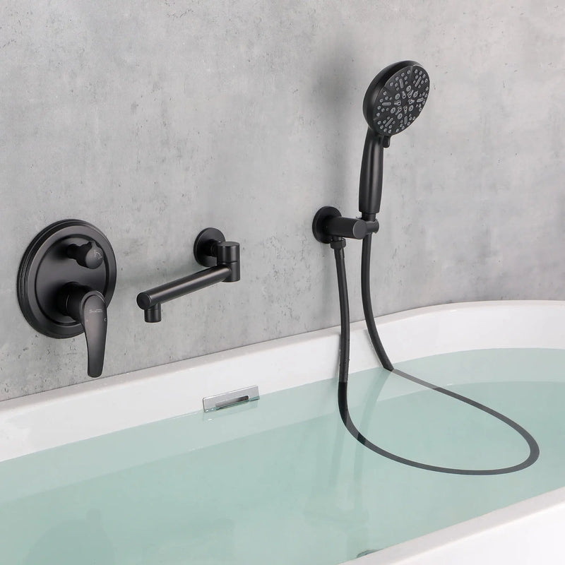 Wall Mounted bathtub faucet with 180 Degree Swivel Spout & 7 mode Handheld shower - Brushed Gold, Bruhsed Nickel, Matte Black modern-waterfall-spout-wall-mountedwith-handheld-shower 