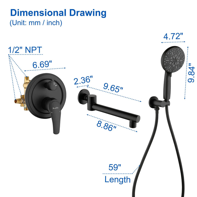 Wall Mounted bathtub faucet with 180 Degree Swivel Spout & 7 mode Handheld shower - Brushed Gold, Bruhsed Nickel, Matte Black modern-waterfall-spout-wall-mountedwith-handheld-shower 