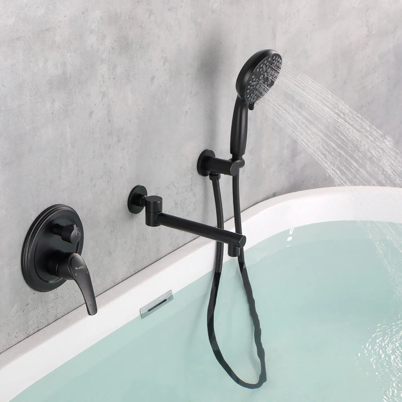 Wall Mounted bathtub faucet with 180 Degree Swivel Spout & 7 mode Handheld shower - Brushed Gold, Bruhsed Nickel, Matte Black modern-waterfall-spout-wall-mountedwith-handheld-shower 