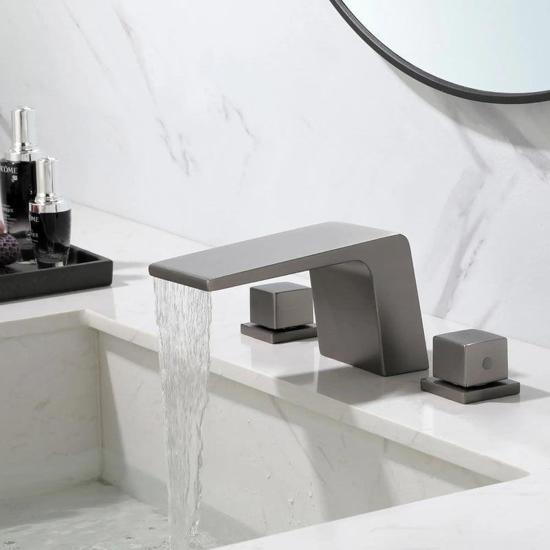 Waterfall Bathroom Faucet 3 Hole, 2 Square Handle Modern Widespread Rv Lavatory Sink Faucet with cUPC Water Supply Lines, Solid Brass, waterfall-bathroom-faucet-3-hole-2-square-handle-modern-widespread-rv-lavatory-sink-faucet-with-cupc-water-supply-lines-solid-brass Gun Gray / Brass / 11.93 x 10.39 x 5.31 inches