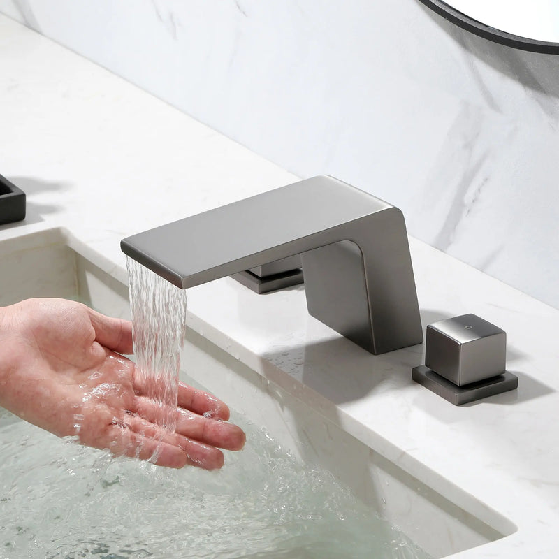 Waterfall Bathroom Faucet 3 Hole, 2 Square Handle Modern Widespread Rv Lavatory Sink Faucet with cUPC Water Supply Lines, Solid Brass, waterfall-bathroom-faucet-3-hole-2-square-handle-modern-widespread-rv-lavatory-sink-faucet-with-cupc-water-supply-lines-solid-brass 