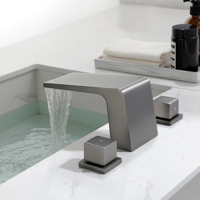 Waterfall Bathroom Faucet 3 Hole, 2 Square Handle Modern Widespread Rv Lavatory Sink Faucet with cUPC Water Supply Lines, Solid Brass, waterfall-bathroom-faucet-3-hole-2-square-handle-modern-widespread-rv-lavatory-sink-faucet-with-cupc-water-supply-lines-solid-brass 