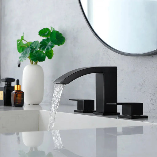 Waterfall Bathroom Faucet 3 Holes Widespread Bathroom Sink Faucet | Two Handles Lavatory Vanity Sink Faucets with Pop-up Drain Assembly & Supply Lines waterfall-bathroom-faucet-3-holes-widespread-bathroom-sink-faucet-two-handles-lavatory-vanity-sink-faucets-with-pop-up-drain-assembly-supply-lines 