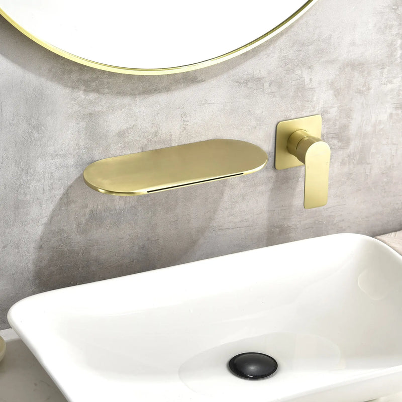 Waterfall Bathroom Sink Faucet 1- Handle Wall Mount Lavatory Faucet Mixer Tap Solid Brass matte-black-waterfall-bathroom-sink-faucet-1-handle-wall-mount-lavatory-faucet-mixer-tap-solid-brass Gold / Brass / 12.9 x 8 x 3.7inches