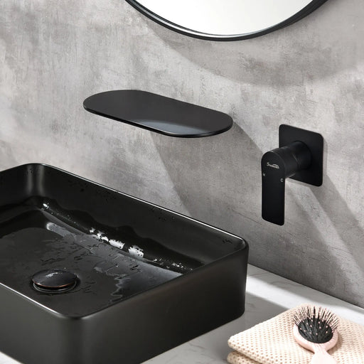 Waterfall Bathroom Sink Faucet 1- Handle Wall Mount Lavatory Faucet Mixer Tap Solid Brass matte-black-waterfall-bathroom-sink-faucet-1-handle-wall-mount-lavatory-faucet-mixer-tap-solid-brass Black / Brass / 12.9 x 8 x 3.7inches