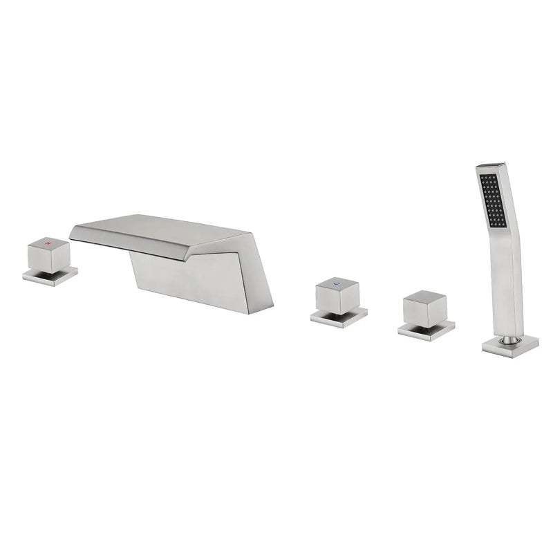 Waterfall Bathtub Faucet, Five Hole Deck Mounted Roman Bath Tub Faucet Mixer with Hand Shower waterfall-bathtub-faucet-five-hole-deck-mounted-roman-bath-tub-faucet-mixer-with-hand-shower Brushed Nickel / Brass & SUS304 / 17.5*13.4*5.5 inches
