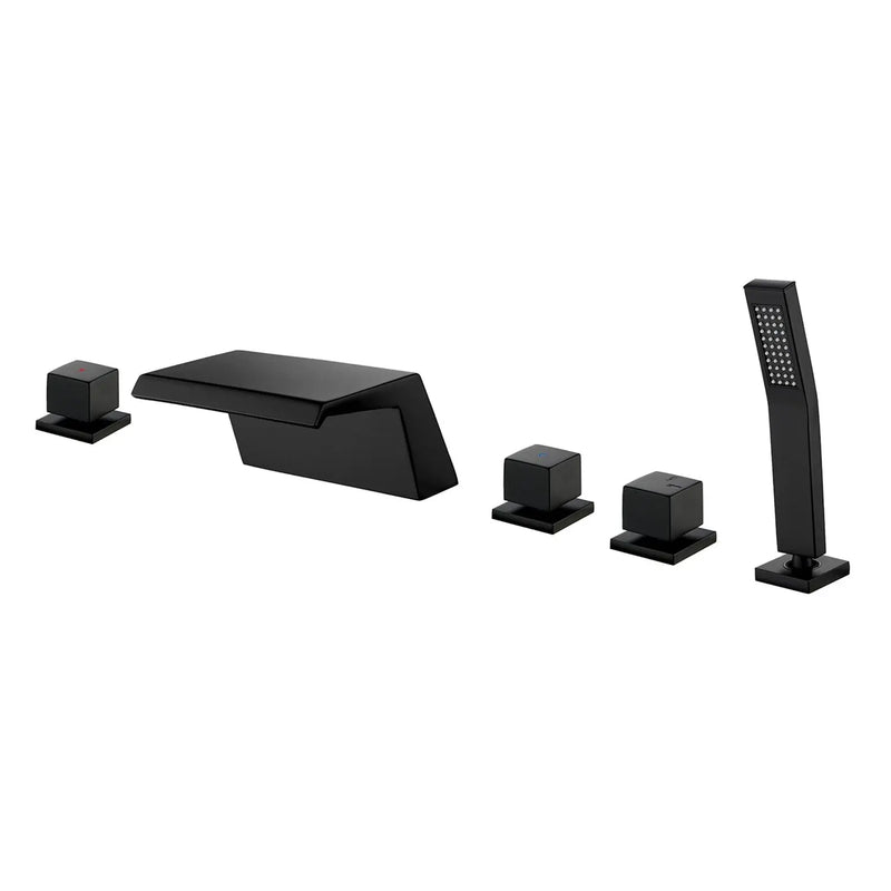 Waterfall Bathtub Faucet, Five Hole Deck Mounted Roman Bath Tub Faucet Mixer with Hand Shower waterfall-bathtub-faucet-five-hole-deck-mounted-roman-bath-tub-faucet-mixer-with-hand-shower Matte Black / Brass & SUS304 / 17.5*13.4*5.5 inches