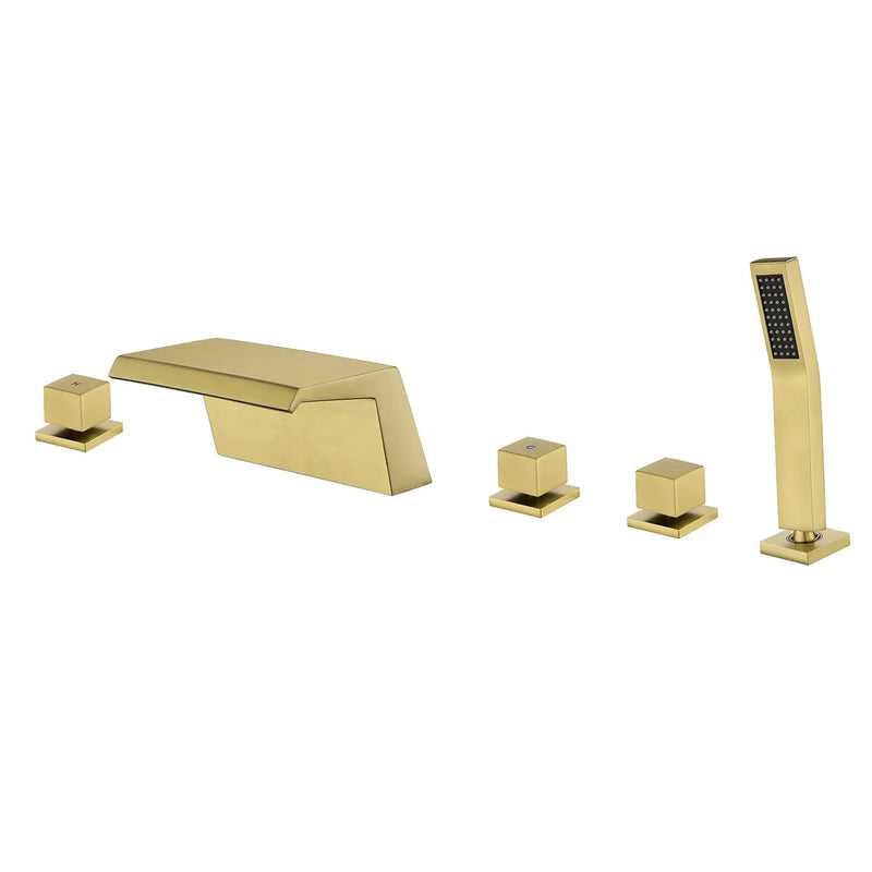 Waterfall Bathtub Faucet, Five Hole Deck Mounted Roman Bath Tub Faucet Mixer with Hand Shower waterfall-bathtub-faucet-five-hole-deck-mounted-roman-bath-tub-faucet-mixer-with-hand-shower Brushed Gold / Brass & SUS304 / 17.5*13.4*5.5 inches