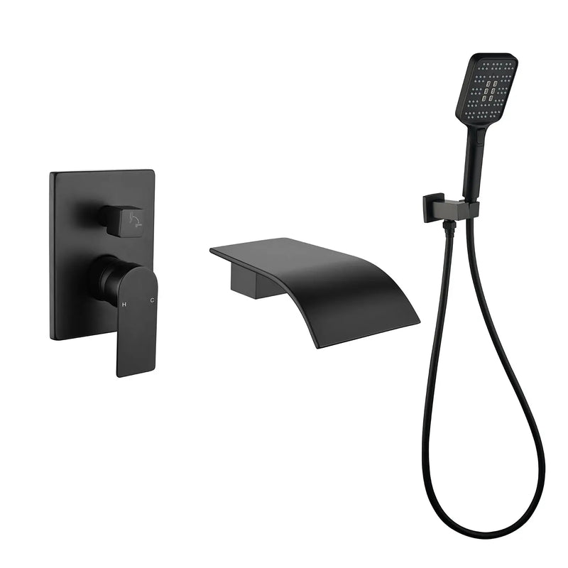 Waterfall Bathtub Faucet with Sprayer Wall Mounted Single Handle Brass Tub Filler - Matte Black, Bruhsed Nickel, Brushed Gold waterfall-bathtub-faucet-with-sprayer-wall-mounted-single-handle-brass-tub-filler-matte-black-bruhsed-nickel-brushed-gold 