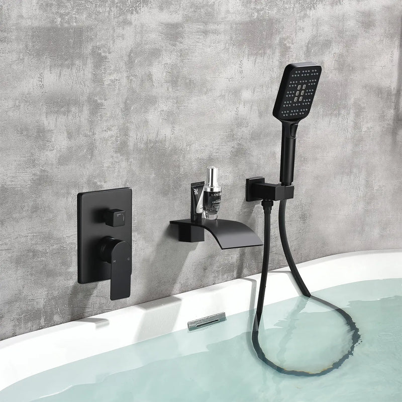 Waterfall Bathtub Faucet with Sprayer Wall Mounted Single Handle Brass Tub Filler - Matte Black, Bruhsed Nickel, Brushed Gold waterfall-bathtub-faucet-with-sprayer-wall-mounted-single-handle-brass-tub-filler-matte-black-bruhsed-nickel-brushed-gold 