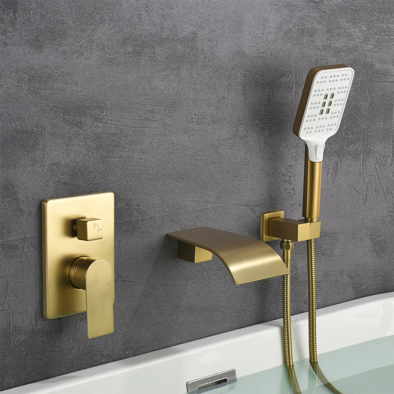 Waterfall Bathtub Faucet with Sprayer Wall Mounted Single Handle Brass Tub Filler - Matte Black, Bruhsed Nickel, Brushed Gold waterfall-bathtub-faucet-with-sprayer-wall-mounted-single-handle-brass-tub-filler-matte-black-bruhsed-nickel-brushed-gold 
