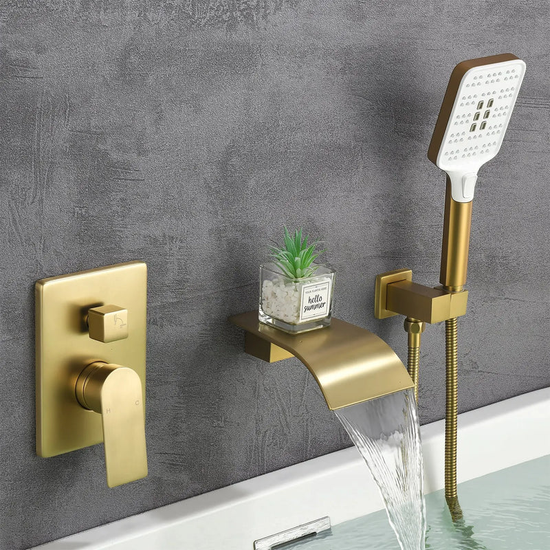 Waterfall Bathtub Faucet with Sprayer Wall Mounted Single Handle Brass Tub Filler - Matte Black, Bruhsed Nickel, Brushed Gold waterfall-bathtub-faucet-with-sprayer-wall-mounted-single-handle-brass-tub-filler-matte-black-bruhsed-nickel-brushed-gold 