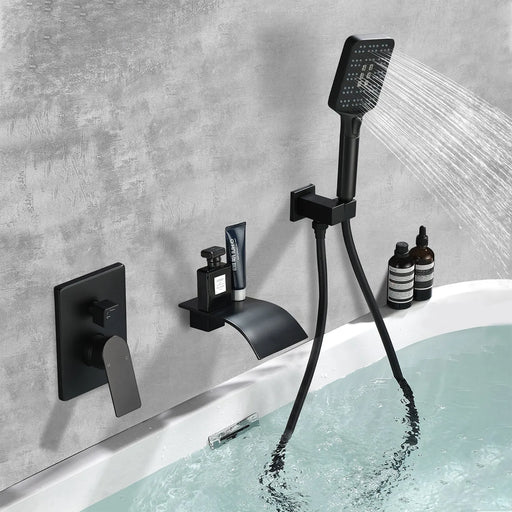 Waterfall Bathtub Faucet with Sprayer Wall Mounted Single Handle Brass Tub Filler - Matte Black, Bruhsed Nickel, Brushed Gold Wall Mounted  