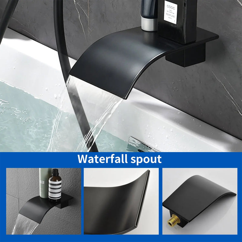 Waterfall Bathtub Faucet with Sprayer Wall Mounted Single Handle Brass Tub Filler - Matte Black, Bruhsed Nickel, Brushed Gold waterfall-bathtub-faucet-with-sprayer-wall-mounted-single-handle-brass-tub-filler-matte-black-bruhsed-nickel-brushed-gold 