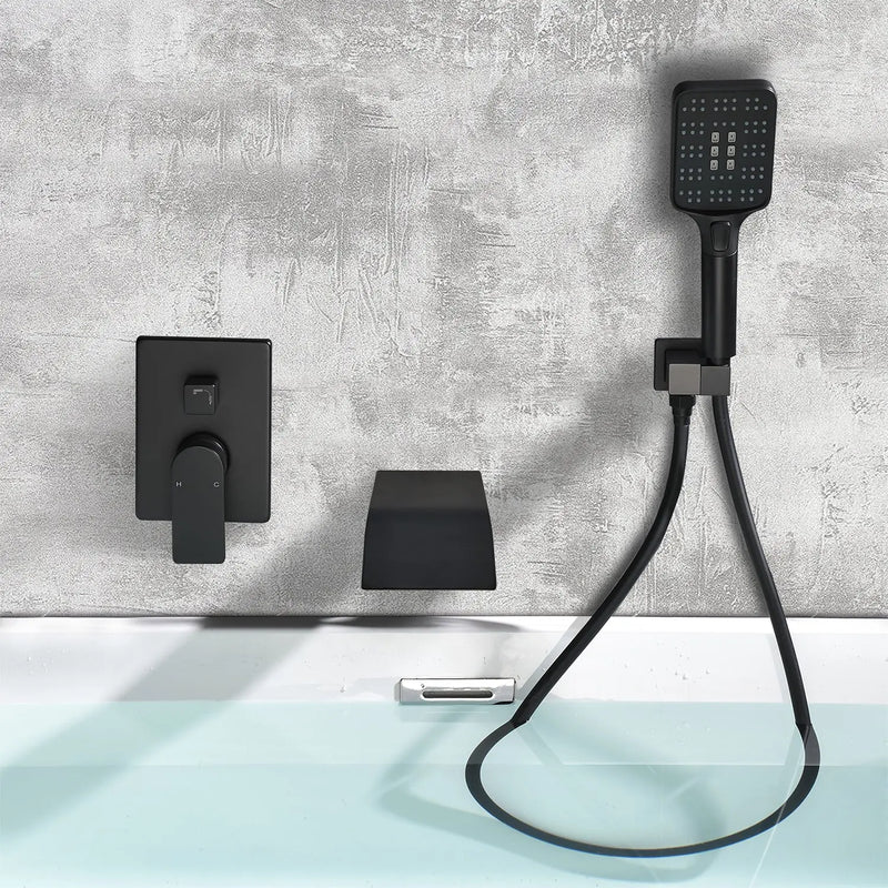 Waterfall Bathtub Faucet with Sprayer Wall Mounted Single Handle Brass Tub Filler - Matte Black, Bruhsed Nickel, Brushed Gold waterfall-bathtub-faucet-with-sprayer-wall-mounted-single-handle-brass-tub-filler-matte-black-bruhsed-nickel-brushed-gold 
