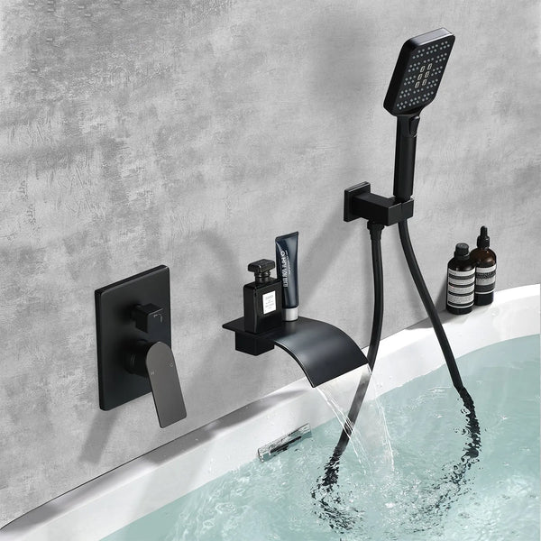 Waterfall Bathtub Faucet with Sprayer Wall Mounted Single Handle Brass Tub Filler - Matte Black, Bruhsed Nickel, Brushed Gold waterfall-bathtub-faucet-with-sprayer-wall-mounted-single-handle-brass-tub-filler-matte-black-bruhsed-nickel-brushed-gold 