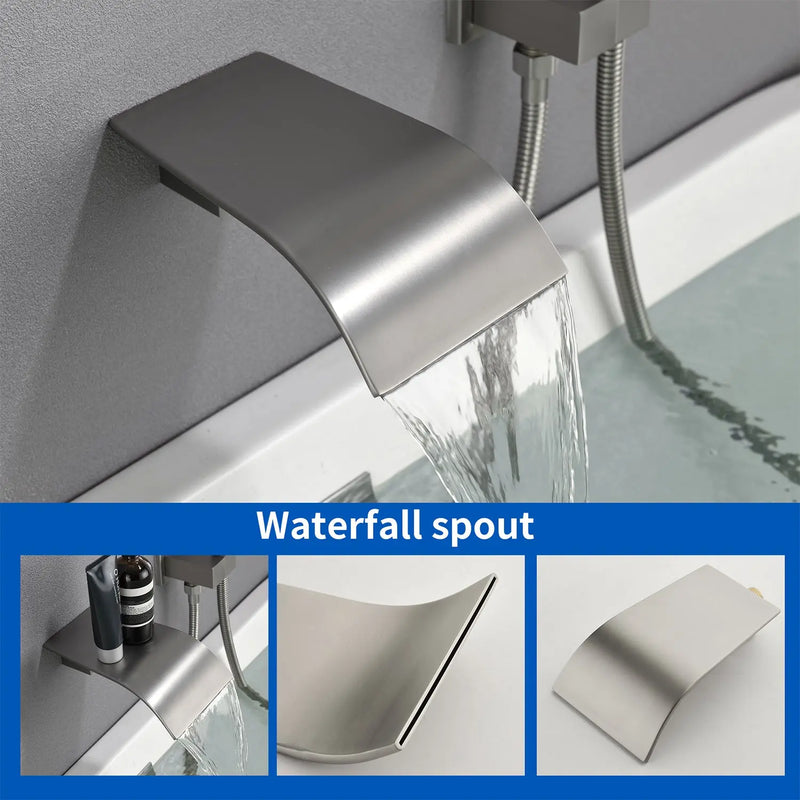 Waterfall Bathtub Faucet with Sprayer Wall Mounted Single Handle Brass Tub Filler - Matte Black, Bruhsed Nickel, Brushed Gold waterfall-bathtub-faucet-with-sprayer-wall-mounted-single-handle-brass-tub-filler-matte-black-bruhsed-nickel-brushed-gold 