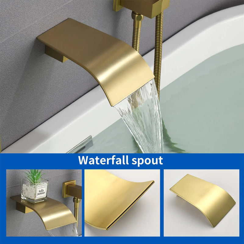 Waterfall Bathtub Faucet with Sprayer Wall Mounted Single Handle Brass Tub Filler - Matte Black, Bruhsed Nickel, Brushed Gold waterfall-bathtub-faucet-with-sprayer-wall-mounted-single-handle-brass-tub-filler-matte-black-bruhsed-nickel-brushed-gold 