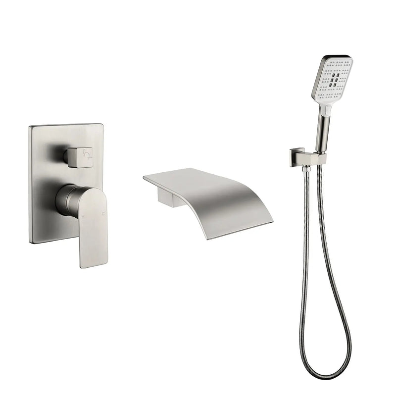 Waterfall Bathtub Faucet with Sprayer Wall Mounted Single Handle Brass Tub Filler - Matte Black, Bruhsed Nickel, Brushed Gold waterfall-bathtub-faucet-with-sprayer-wall-mounted-single-handle-brass-tub-filler-matte-black-bruhsed-nickel-brushed-gold 