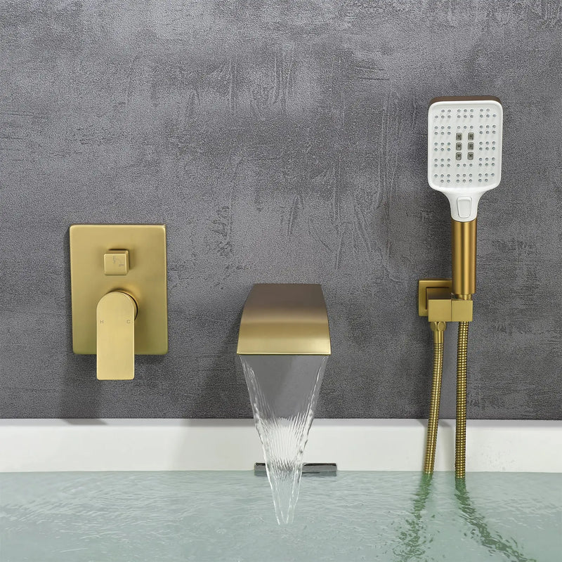 Waterfall Bathtub Faucet with Sprayer Wall Mounted Single Handle Brass Tub Filler - Matte Black, Bruhsed Nickel, Brushed Gold waterfall-bathtub-faucet-with-sprayer-wall-mounted-single-handle-brass-tub-filler-matte-black-bruhsed-nickel-brushed-gold Brushed Gold / Brass & Stainless Steel