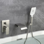 Waterfall Bathtub Faucet with Sprayer Wall Mounted Single Handle Brass Tub Filler - Matte Black, Bruhsed Nickel, Brushed Gold waterfall-bathtub-faucet-with-sprayer-wall-mounted-single-handle-brass-tub-filler-matte-black-bruhsed-nickel-brushed-gold Brushed Nickel / Brass & Stainless Steel