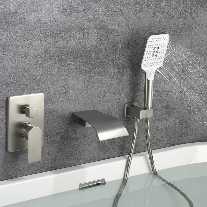 Waterfall Bathtub Faucet with Sprayer Wall Mounted Single Handle Brass Tub Filler - Matte Black, Bruhsed Nickel, Brushed Gold waterfall-bathtub-faucet-with-sprayer-wall-mounted-single-handle-brass-tub-filler-matte-black-bruhsed-nickel-brushed-gold Brushed Nickel / Brass & Stainless Steel