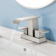 Waterfall Centerset Bathroom Sink Faucet 4 Inch 2 Handle Hot Cold Mixer Basin Faucet with Pop-Up Drain Stopper and Supply Lines waterfall-2-handle-4-centerset-hot-cold-mixer-bathroom-sink-faucet-with-pop-up-drain-stopper Brushed Nickel / SUS304 / 11.6*8.7*6.5 inches