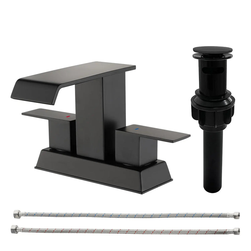 Waterfall Centerset Bathroom Sink Faucet 4 Inch 2 Handle Hot Cold Mixer Basin Faucet with Pop-Up Drain Stopper and Supply Lines waterfall-2-handle-4-centerset-hot-cold-mixer-bathroom-sink-faucet-with-pop-up-drain-stopper 