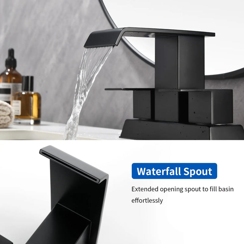 Waterfall Centerset Bathroom Sink Faucet 4 Inch 2 Handle Hot Cold Mixer Basin Faucet with Pop-Up Drain Stopper and Supply Lines waterfall-2-handle-4-centerset-hot-cold-mixer-bathroom-sink-faucet-with-pop-up-drain-stopper 