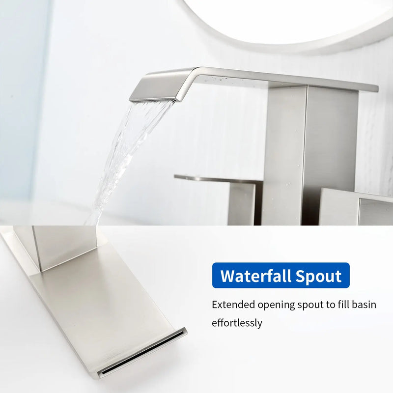 Waterfall Centerset Bathroom Sink Faucet 4 Inch 2 Handle Hot Cold Mixer Basin Faucet with Pop-Up Drain Stopper and Supply Lines waterfall-2-handle-4-centerset-hot-cold-mixer-bathroom-sink-faucet-with-pop-up-drain-stopper 