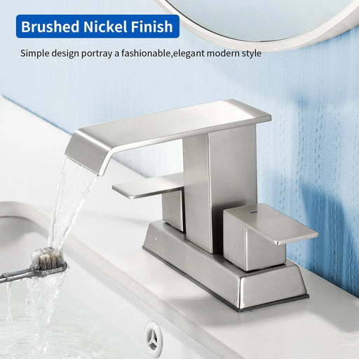Waterfall Centerset Bathroom Sink Faucet 4 Inch 2 Handle Hot Cold Mixer Basin Faucet with Pop-Up Drain Stopper and Supply Lines waterfall-2-handle-4-centerset-hot-cold-mixer-bathroom-sink-faucet-with-pop-up-drain-stopper 